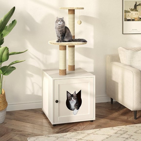 Cat Litter Box Enclosure, Wooden Cat House with Cat Tree Tower White - Picture 1 of 5